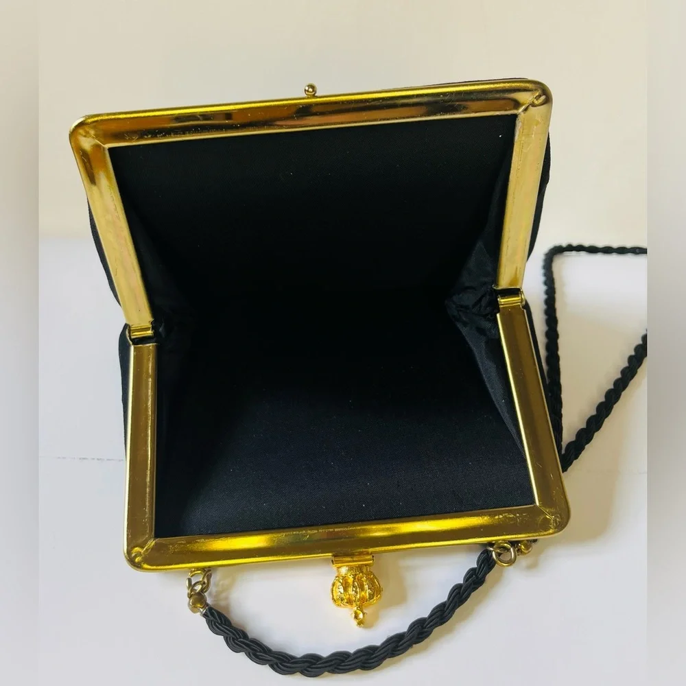 Black canvas purse with gold crown detail 80s 90s evening bag